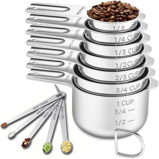 12PCS Measuring Cups and Spoons Set, 7 Stainless Steel Nesting Measuring Cups & 5 Mini Measuring Spoons for Cooking Baking,