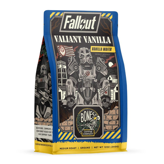 Bones Coffee Company Fallout Valiant Vanilla, Vanilla Wafer Flavored Coffee, Medium Roast Low Acid Arabica Beans Compatible
