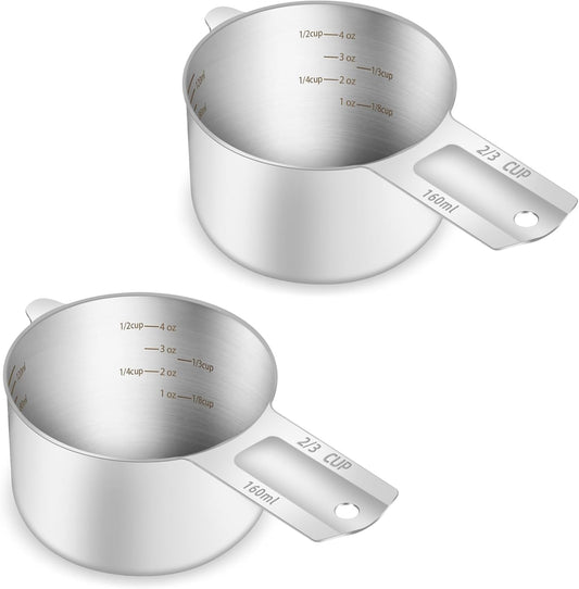 2PCS 2/3Cup (160ml, 5.3oz) Single Measuring Cup, Etched Inner Scale Stainless Steel Measure Scoop, Metric and US