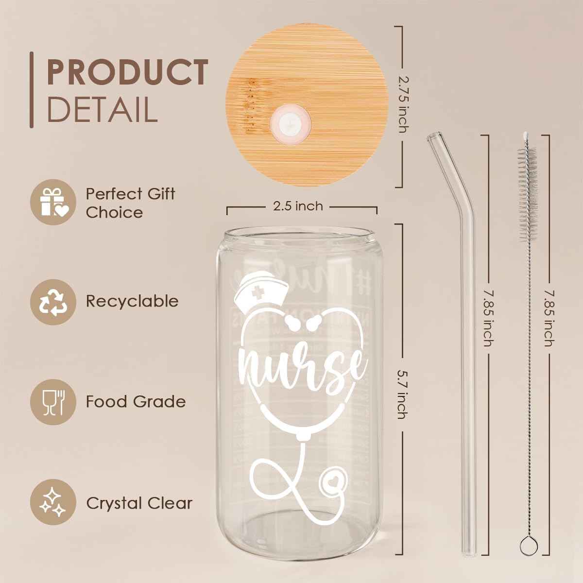 SANDJEST Nurse Glass Can, Nutrition Facts Cup with Lid &amp; Straw, Iced Coffee Aesthetic Cups, Idea Gift for Christmas Birthday Nurse Week, Gifts for Women, 16oz