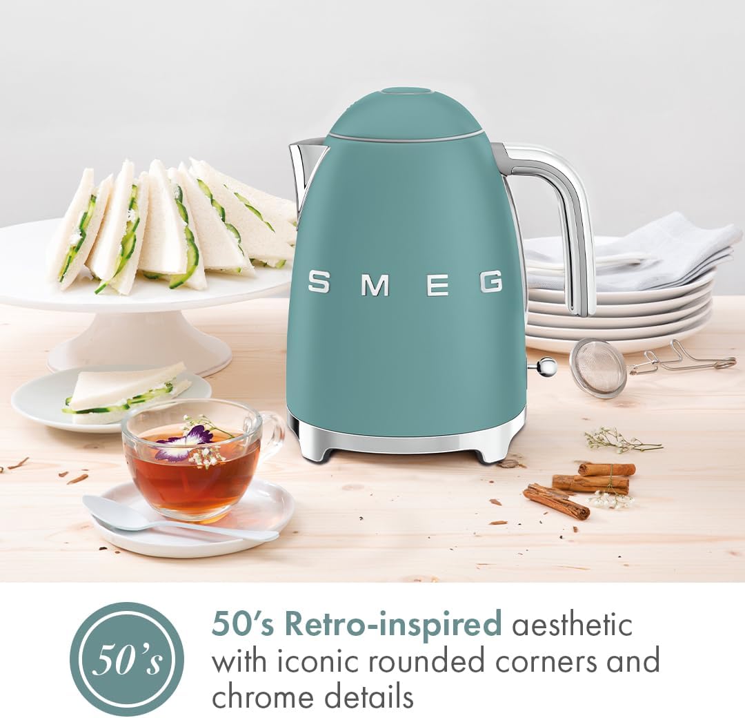 SMEG KLF03 Electric Kettle 1.7L (7 Cup), Retro Hot Water Boiler for Tea &amp; Coffee, Fast Boiling, Auto Shut-Off, Soft Open Lid, 360° Swivel Base Countertop Kettle – Matte Jade