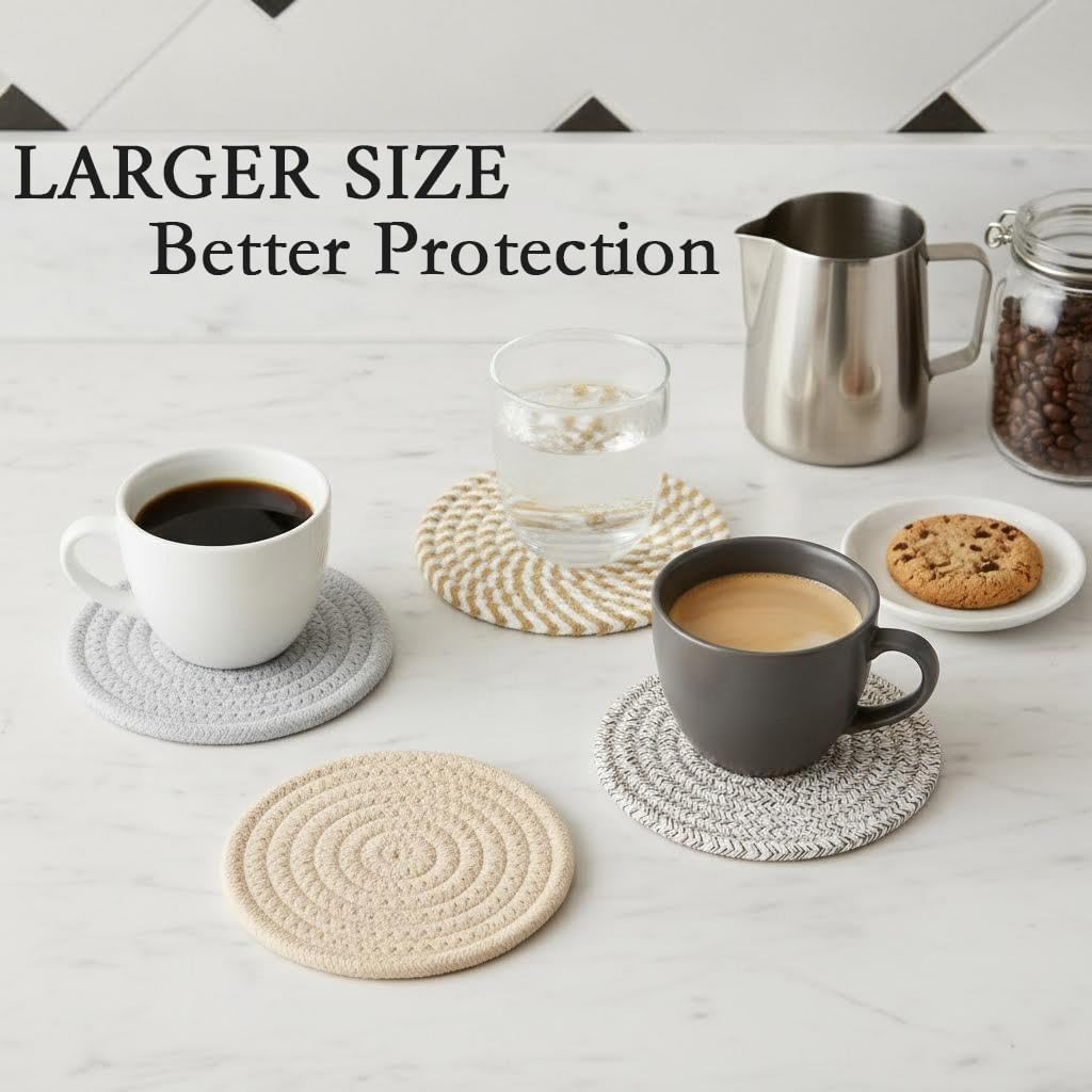 4.8 Inch Woven Drink Coasters Set of 4, Thick Absorbent Coasters, Boho Cotton Neutral Fabric Coaster for Desk Table Office Decor Posavasos for Coffee Cups with Gift Box (Multicolored, 4Pack) -