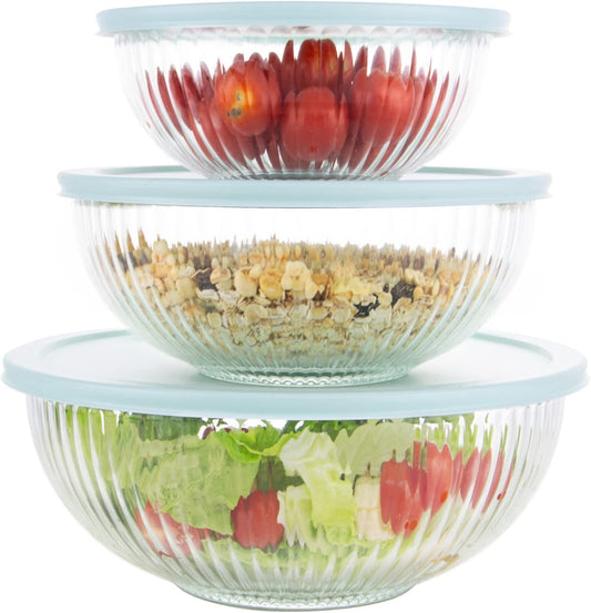 WhiteRhino Glass Mixing Bowls with Lids Set of 3(3.7QT, 2.1QT, 1.1QT),Large Kitchen Salad Bowls, Space-Saving Nesting Bowls,