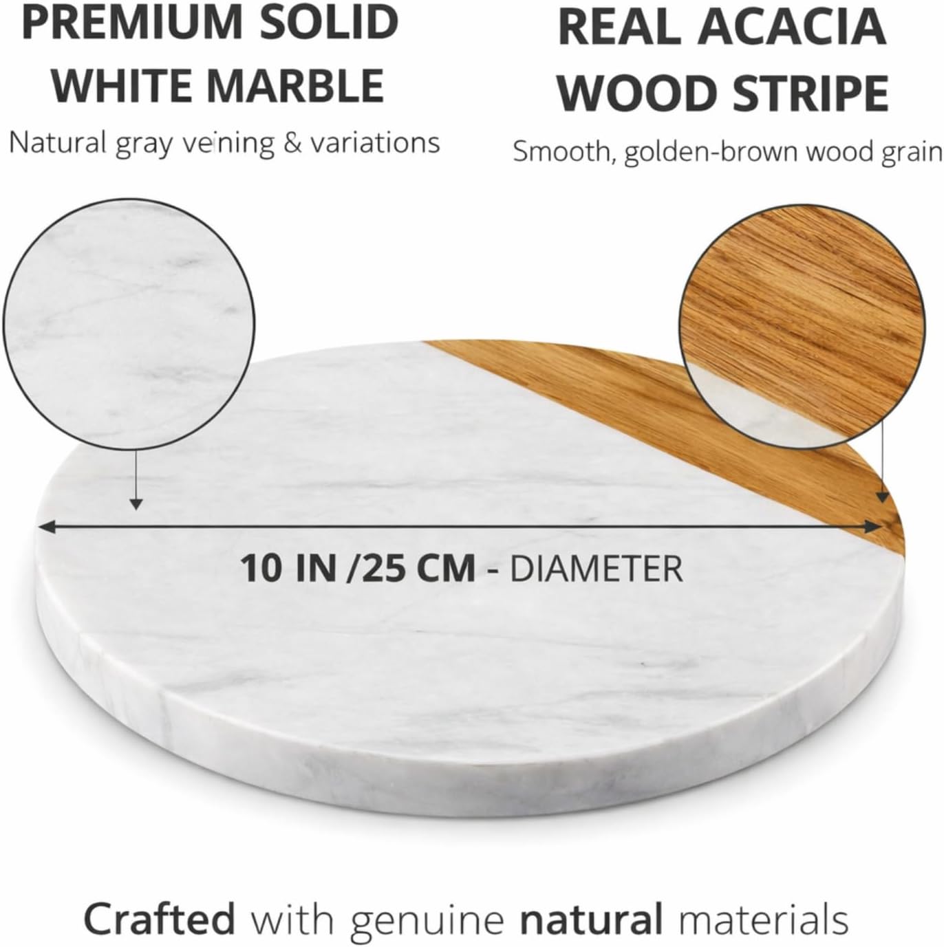 White Marble Board, 10 Inches | Cheese Board, Acacia Wooden Serving Tray, For Charcuterie, Cheese, Meats, Fruit, Crackers, Cutting Board, Round Slab