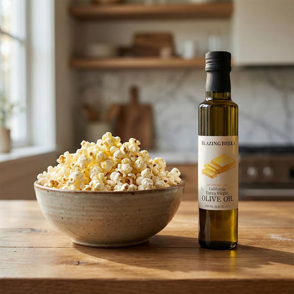 Blazing Bella Butter Olive Oil – Buttery Extra Virgin Olive Oil for Popcorn, Cooking &amp; Finishing – Cold-Pressed California Olive Oil – 8.45 fl oz (250ml)