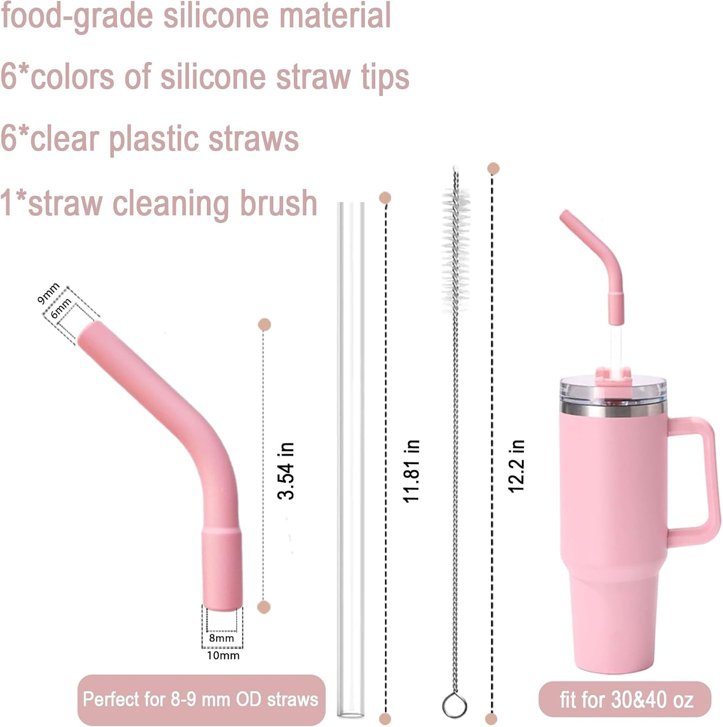 6 Pcs Reusable Silicone Straw Tips with Drinking Long Straws Compatible with Stanley 40/30 oz Cup Tumbler, 6 Flex Elbow Silicone Straw Covers for 8-10mm Diameter Straws, 1 Straw Cleaning Brush