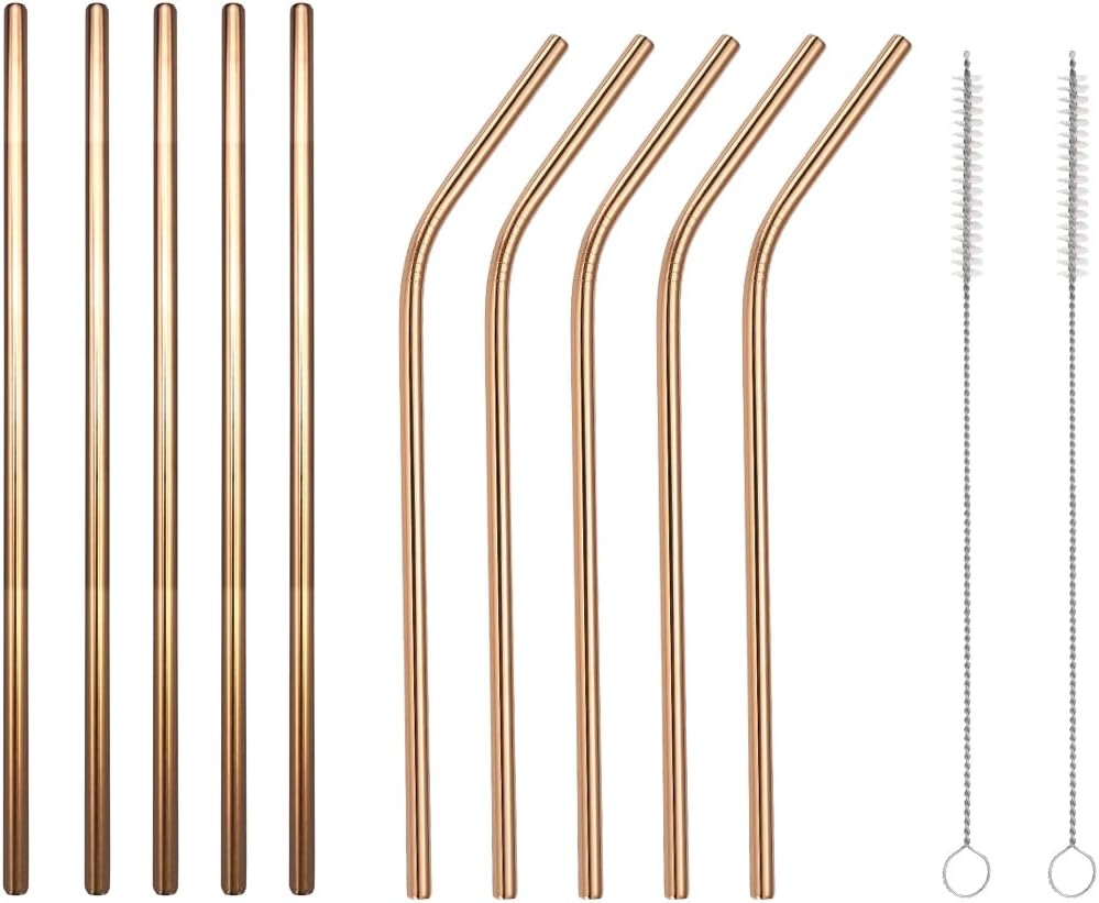 10 Pcs Stainless Steel Straws, Reusable Drinking Straws, 5 Straight + 5 Bent Metal Straws Set With 2 Pcs Cleaning Brushes (Rose Gold, 8.5 Inch)