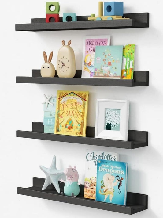 Forbena 24 Inch Long Picture Ledge Shelf Set of 4, Black Wood Floating Shelves with Lip for Wall, Rustic Display Shelves for