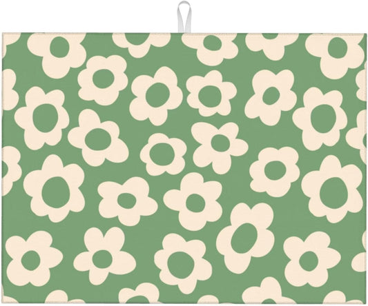 Floral Kitchen Dish Drying Mat for Dishes 18x24 Inch Vintage Groovy Flowers Drying Mat White Daisy Dish Drainer Mat Super