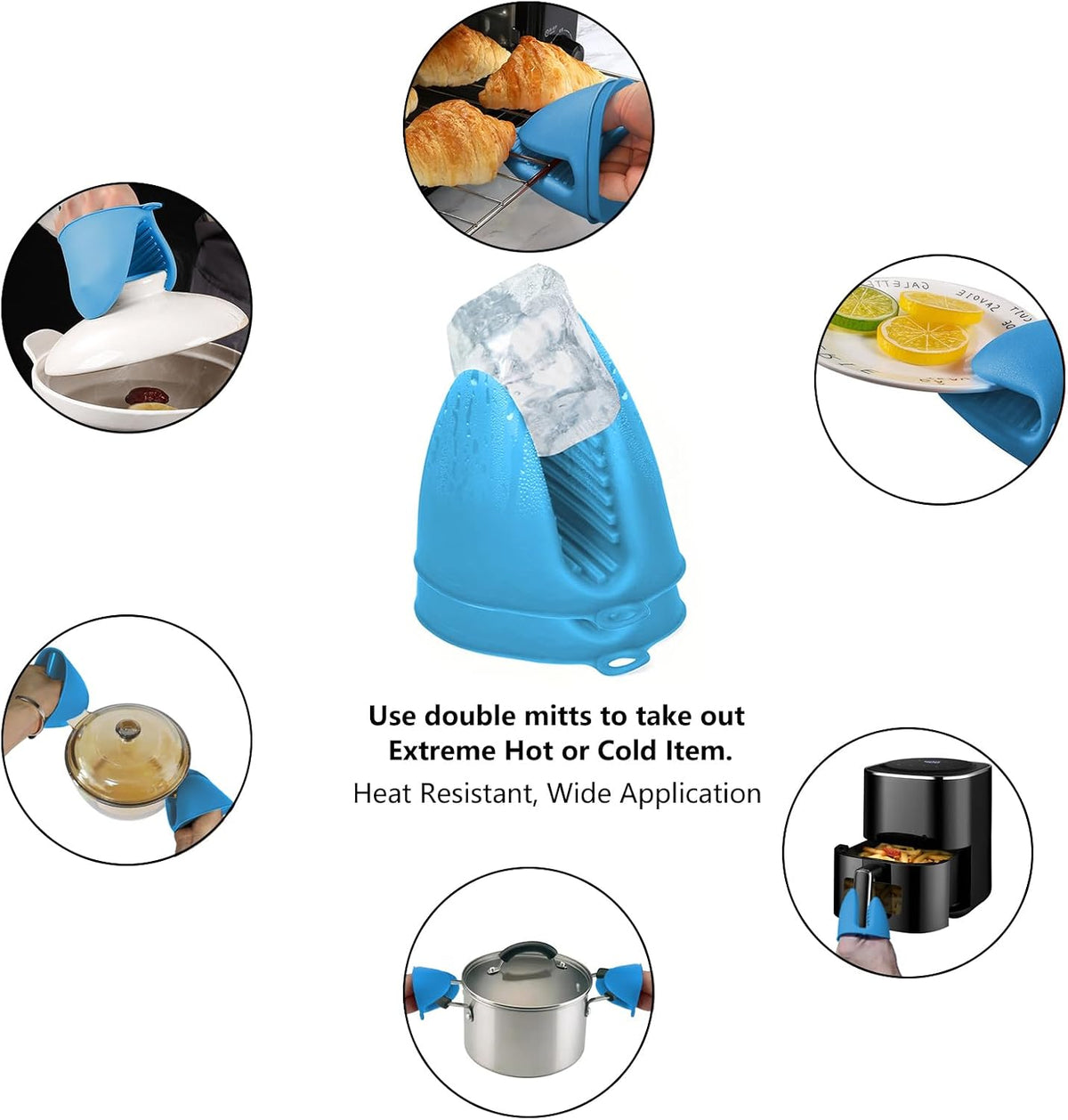 3 Pairs Oven Mitts Silicone Pot Holders Set Heat Resistant for Kitchen - Mini Silicone Oven Gloves Small Mittens Short Grips for Cooking &amp; Baking, Blue