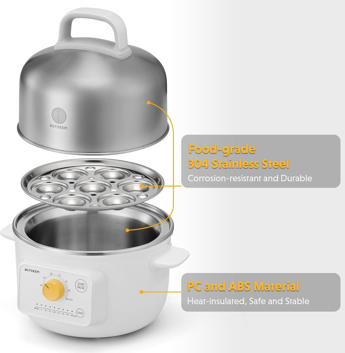BUYDEEM G32 Electric Food Steamer 1.6QT, Stainless Steel Steamer for Vegetable Egg Seafood, 8 Time Settings, Triple Dry Protection, Quick Steam, Healthy Cooking for 1-2 Servings, Arctic White