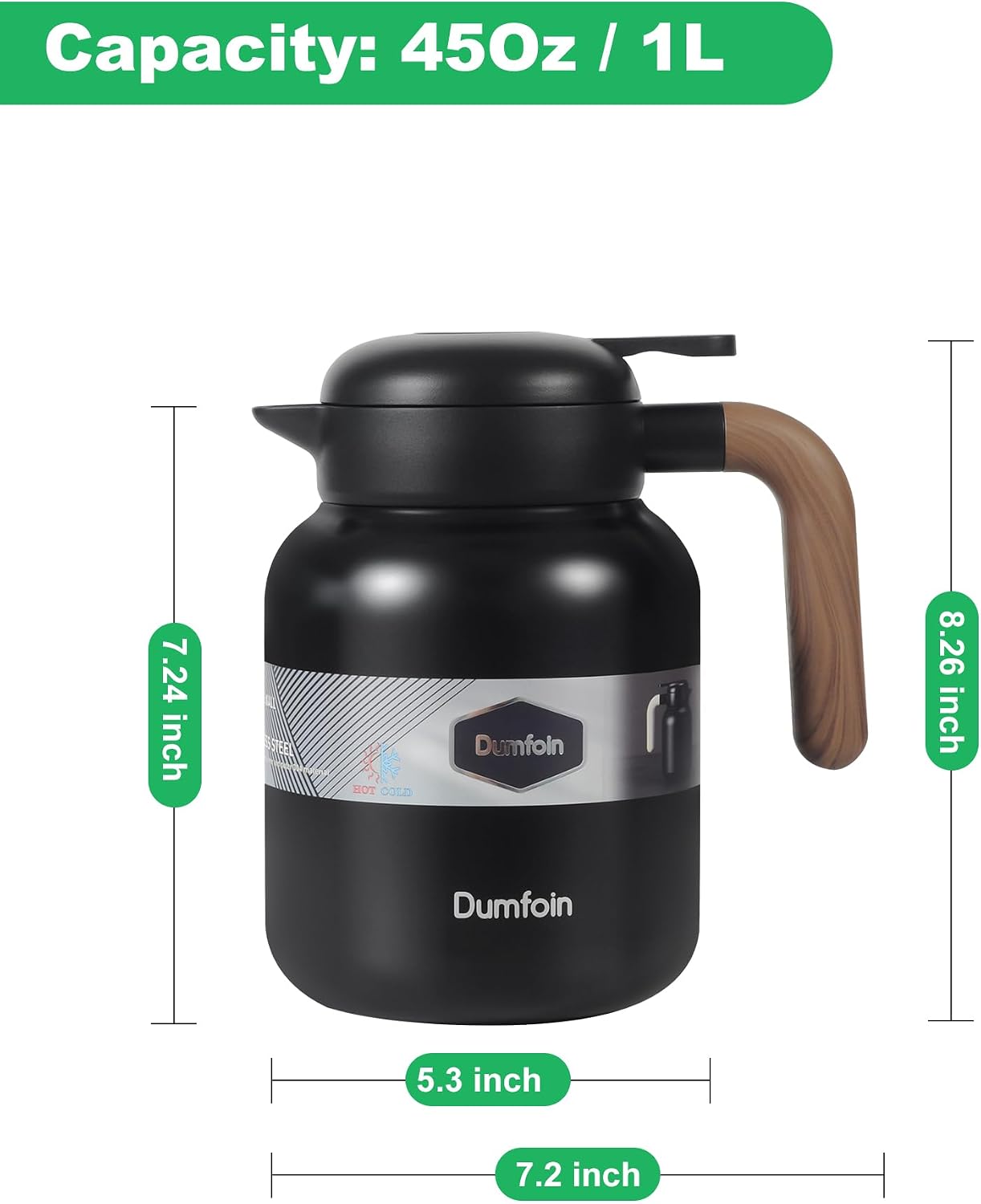 45 Oz Thermal Coffee Carafe, Stainless Steel Insulated Vacuum Coffee Carafes For Keeping Hot, 1.3 Liter Beverage Dispenser (Black)