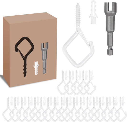 50 PCS White Eye Screw Hooks for Hanging Heavy Duty with Safety Buckle.Metal Ceiling Hooks for Hanging Plants Cup Wind Chime