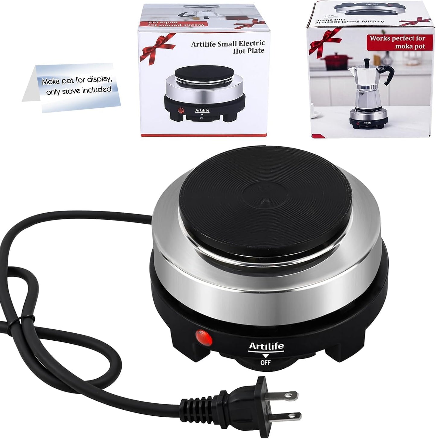 Artilife 500W Mini Electric Hot Plate - Moka Pot Special, 110V Compact RV Camping Stove, 4" Cast Iron Burner for Coffee, Low Wattage Portable (Silver)