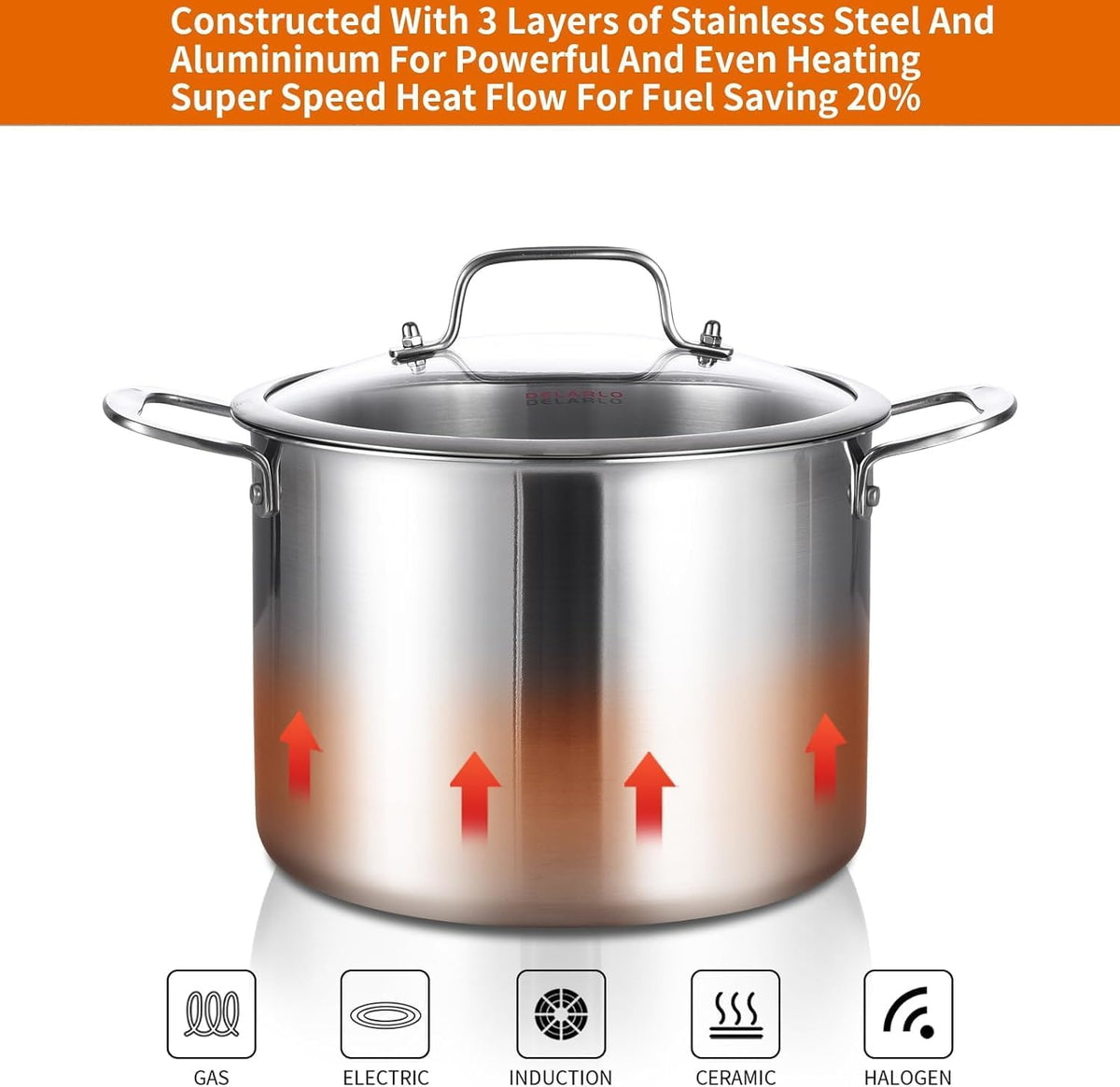 DELARLO Tri-ply Stainless Steel 20 Quart Heavy Duty Induction Stock Pot