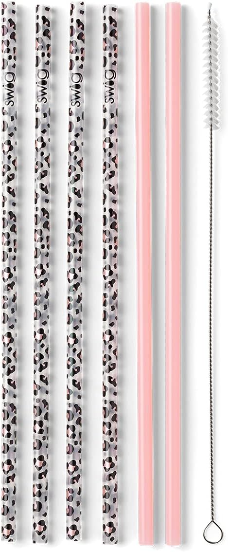 Swig Life Reusable Straws Luxy Leopard + Blush Reusable Straw Set + Cleaning Brush, Each Straw is 10.25 inch Long (Fits Swig
