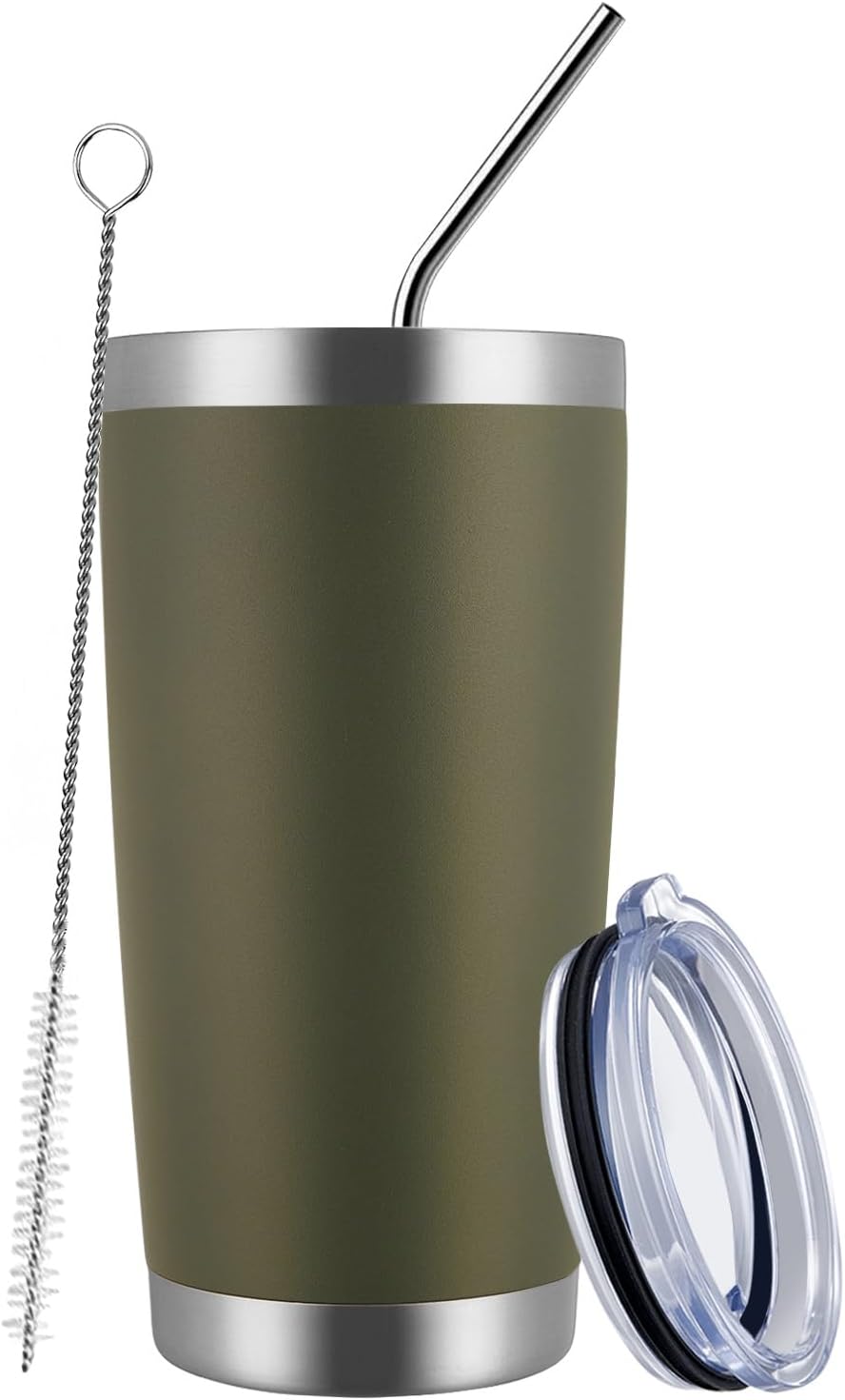 MEWAY 20oz Tumbler Cup Double Wall Vacuum Insulated Travel Mug Bulk, Stainless Steel Tumblers with Lid and Straw, Durable Powder Coated Coffee Cups for Cold &amp; Hot Drinks (Army Green, 1)