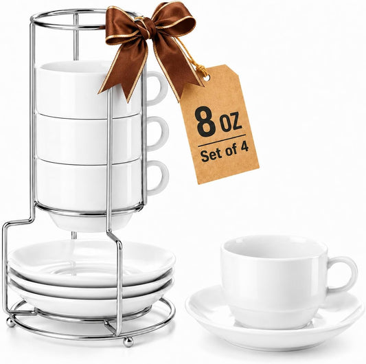 8 oz Porcelain Cappuccino Cups with Saucers and Metal Stand, Set of 4