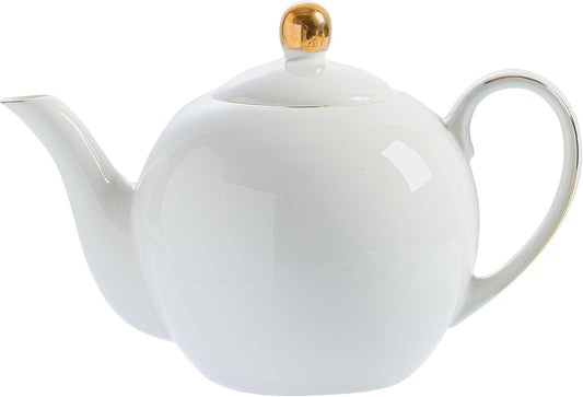30oz White Porcelain Teapot, Classic design tea pot with Gold Trim, Beautiful white teapots for loose leaf tea and tea bags,