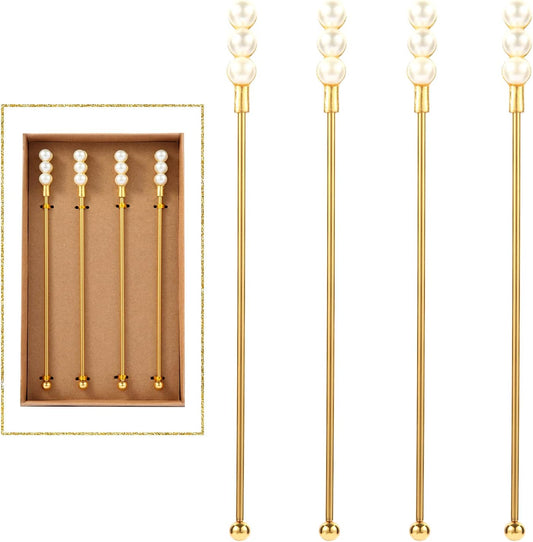 Exquisite Gold Pearl Stainless Steel Coffee Beverage Stirrers Stir Cocktail Drink Swizzle Stick for Wendding Party Value