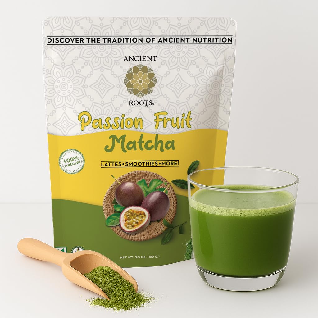 Ancient Roots Passion Fruit Matcha Mix – Organic Green Tea Powder for Lattes, Smoothies, &amp; Baking Matcha Powder, Antioxident 100% Natural, Vegan, Gluten-Free (3.5 OZ, Passion Fruit)
