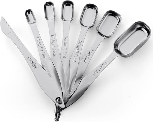 Spring Chef Stainless Steel Measuring Spoons Set of 7 with Leveler, Rectangular Metal Teaspoon & Tablespoon Measuring Spoons