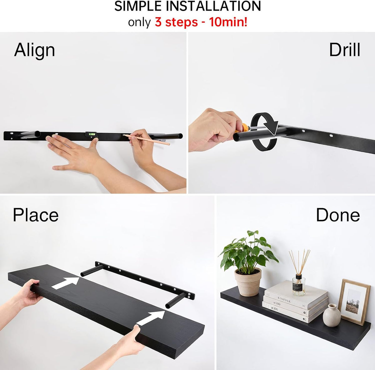 BAYKA Black Floating Shelves 35.4in, Set of 2, Wall Mounted for Wall Decor