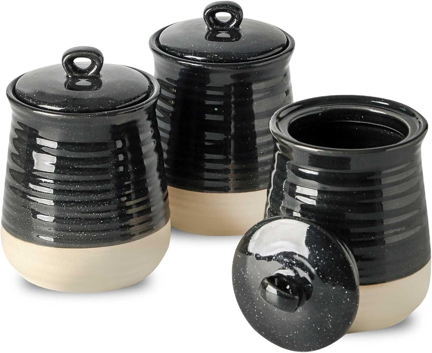 Ceramic Food Storage Jars,25 Oz Porcelain Kitchen Canisters with Airtight Lids Set of 3,Flour Containers for Countertop,Farmhouse Decor Serving Ground Coffee,Tea,Sugar,Pasta and Rice,Black＆White