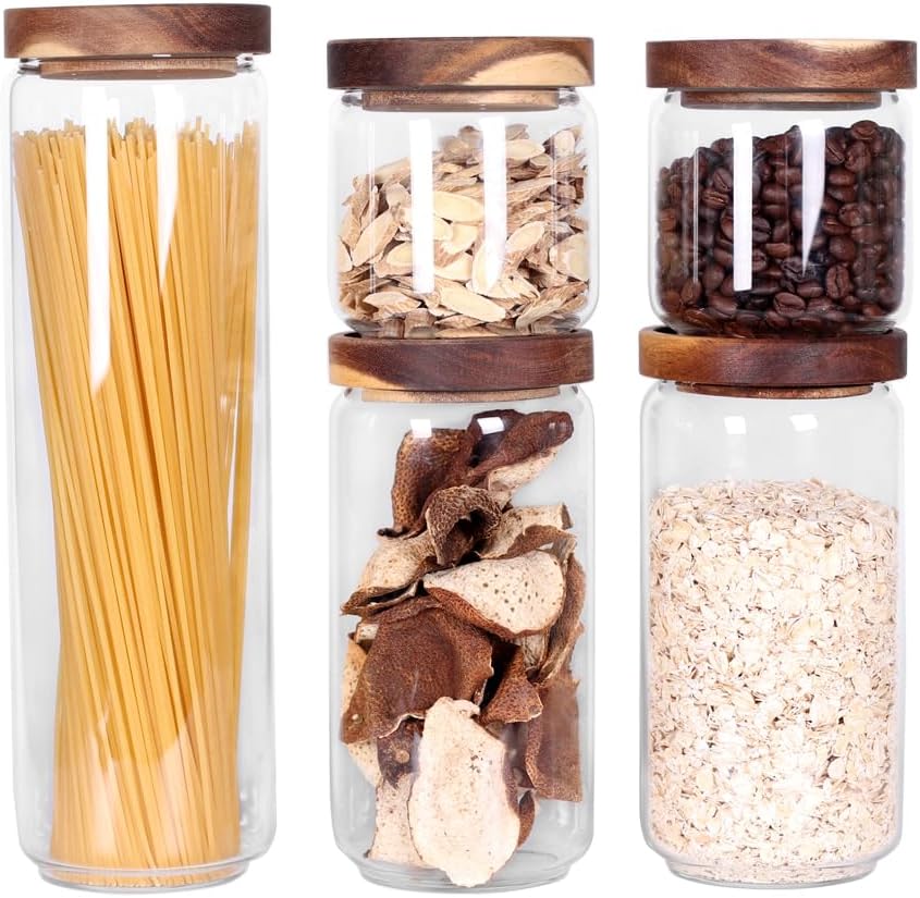 SAIOOL Set of 5 Kitchen Canisters,Thick, Stackable, Natural Style,Cookie, Rice and Spice Jars - Sugar or Flour Container - Big and Small Airtight Food Jar for Pantry