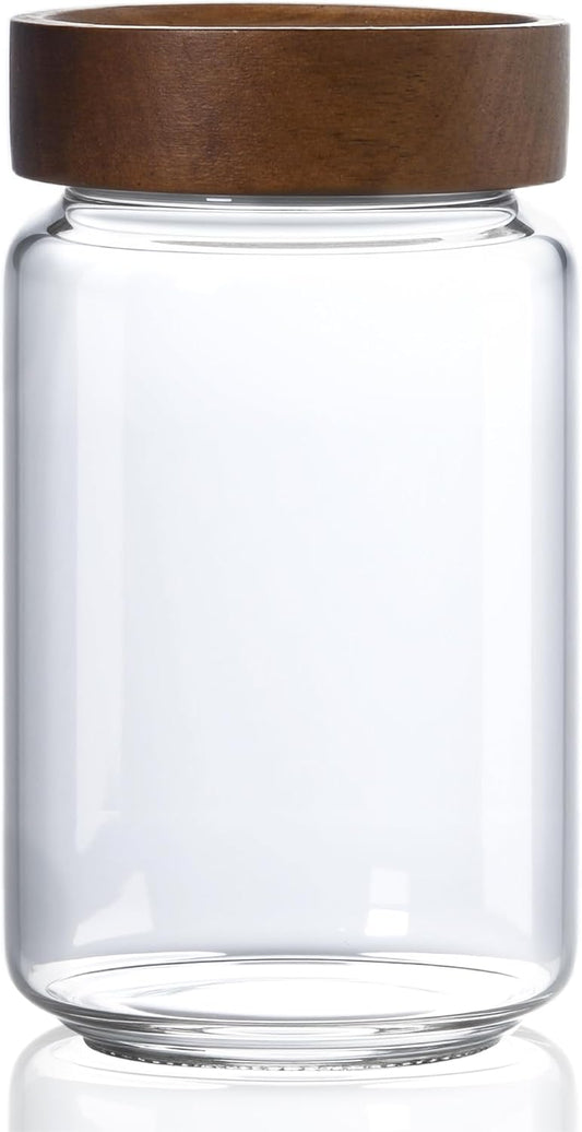 24 oz/710 ml Glass Jar with Airtight Wooden Screw Top Lid, Clear Stackable Food Storage Canister, Medium Cute Decorative
