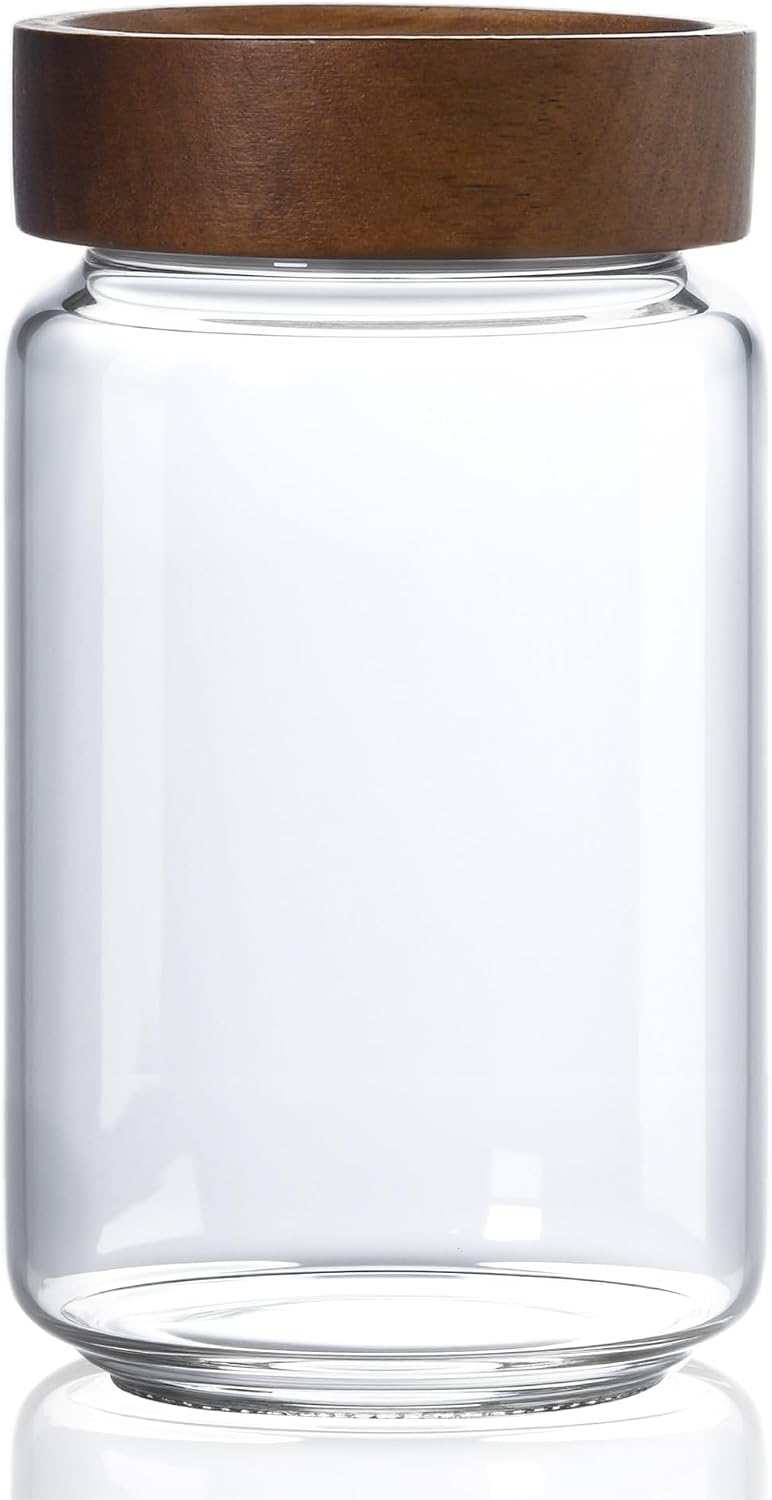 24 fl oz/710 ml Glass Jar with Airtight Wooden Screw Top Lid, Clear Stackable Food Storage Canister, Medium Cute Decorative Glass Container for Coffee, Candy, Cookie, Sugar, Oatmeal, Spice
