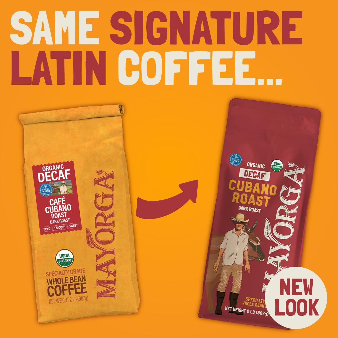 Mayorga Decaf Coffee 2lb Bag Dark Roast Organic Swiss Water Decaffeinated Cubano Roast Coffee - 100% Arabica Whole Coffee Beans - Smoothest Organic CoffeeSpecialty Grade, Non-GMO, Direct Trade