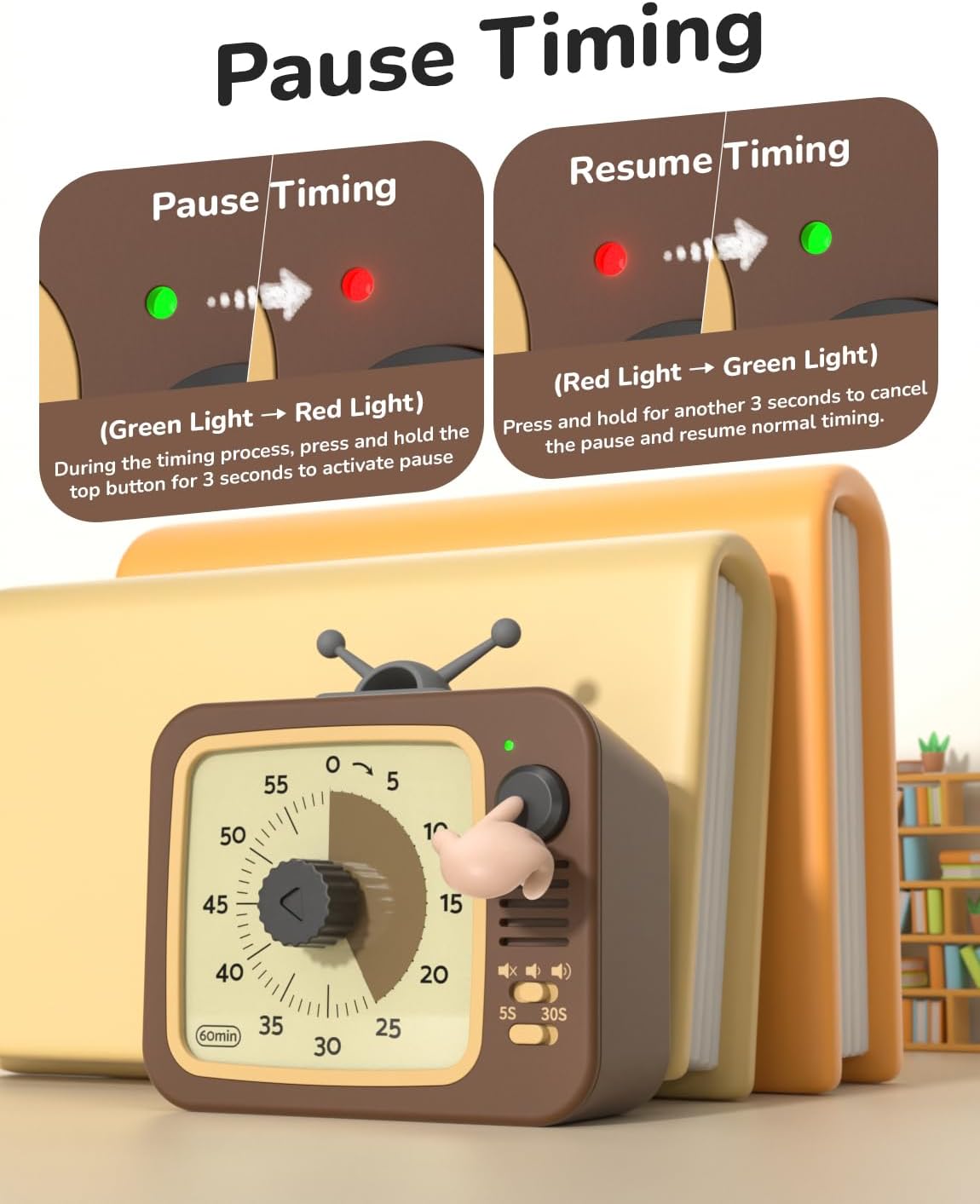 LIORQUE Visual Timer for Kids with Pause, 60 Minute Countdown Timer, Brown | Non-Ticking, 3 Volume Levels, Back Magnetic, Two Ringing Durations, Light Indicator, for Classroom Kitchen Office ADHD