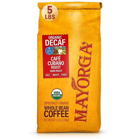 Mayorga Decaf Dark Roast 5lb Bag Cafe Swiss Water Decaffeinated Cubano Roast 100% Arabica Whole Coffee Beans - Smoothest