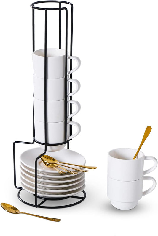 Lareina Porcelain Stackable Espresso Cups with Saucers, Spoons and Metal Stand, 3 Ounce Small Coffee Cups Set of 6 - Ceramic