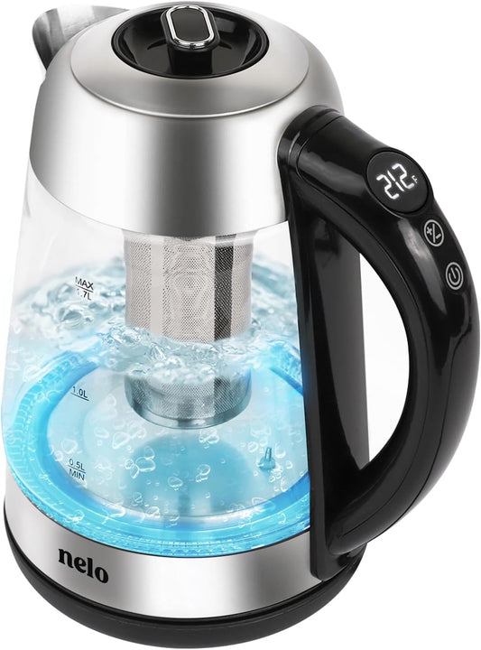 Nelo Electric Kettle with Removable Tea Infuser, 7 Temperature Presets, Digital Display, LED Indicator Lights, Glass Tea Kettle & Hot Water Boiler