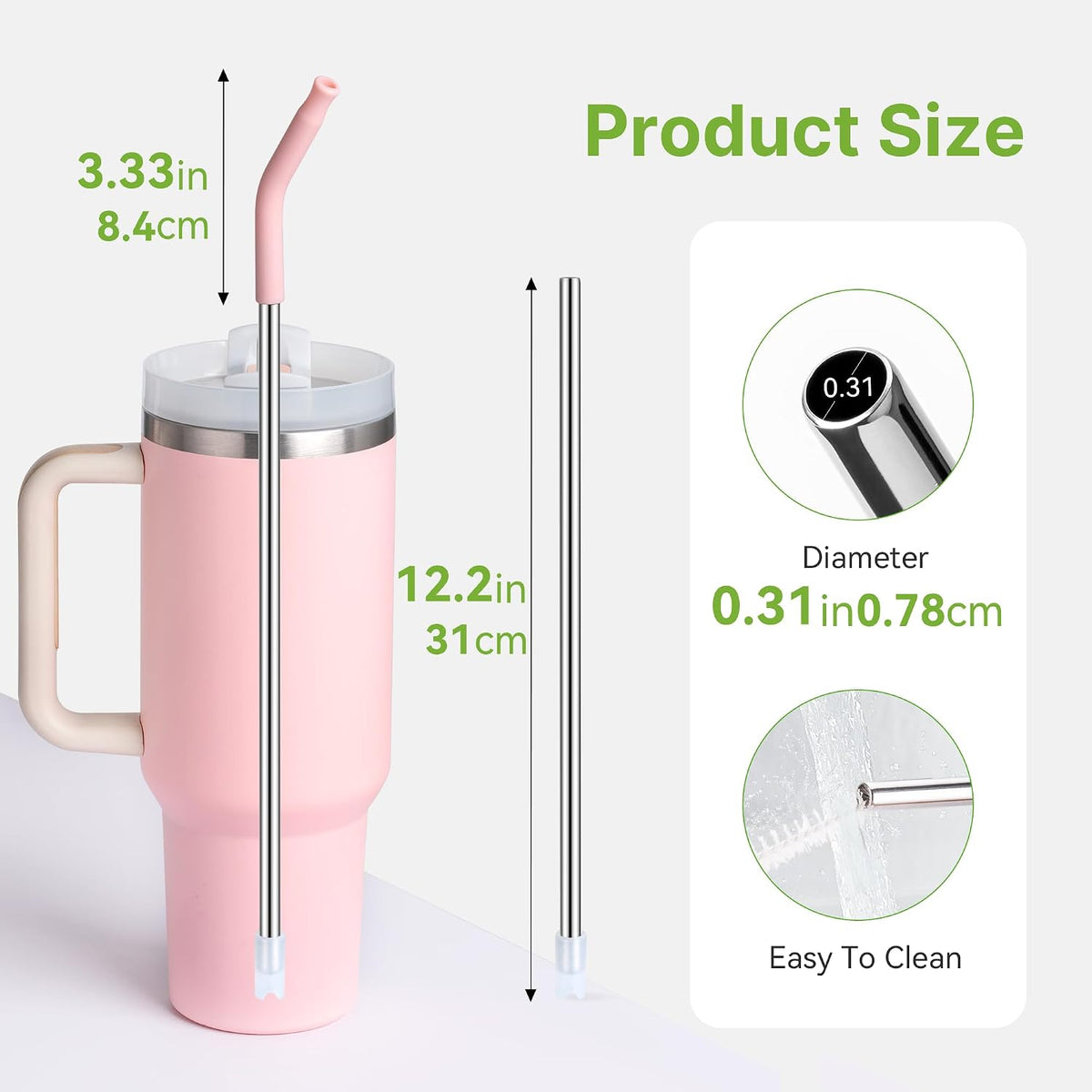 12.2'' Long Metal Straws With Silicone Tip For Stanley 40 oz Tumbler,Stainless Steel Straws Replacement for Stanley Quencher 40oz Cups,Reusable Dishwasher Safe Fit Simple Modern 40oz Big Mugs&amp; Jar