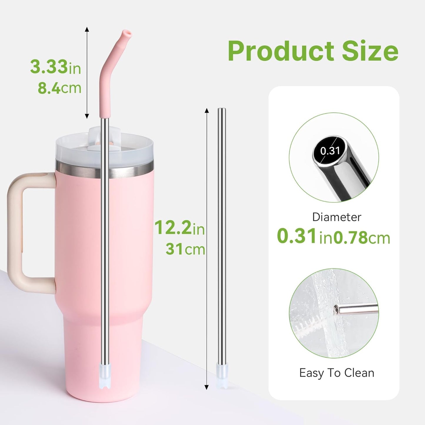 Stainless Steel Straws For Stanley 40 oz Tumble With Silicone Tip, 12.2'' Long Metal Straws Replacement for Stanley Quencher H2.0 40oz Cups,Fit Simple Modern 40oz Big Mugs&amp; Jar(Purplish Pink)