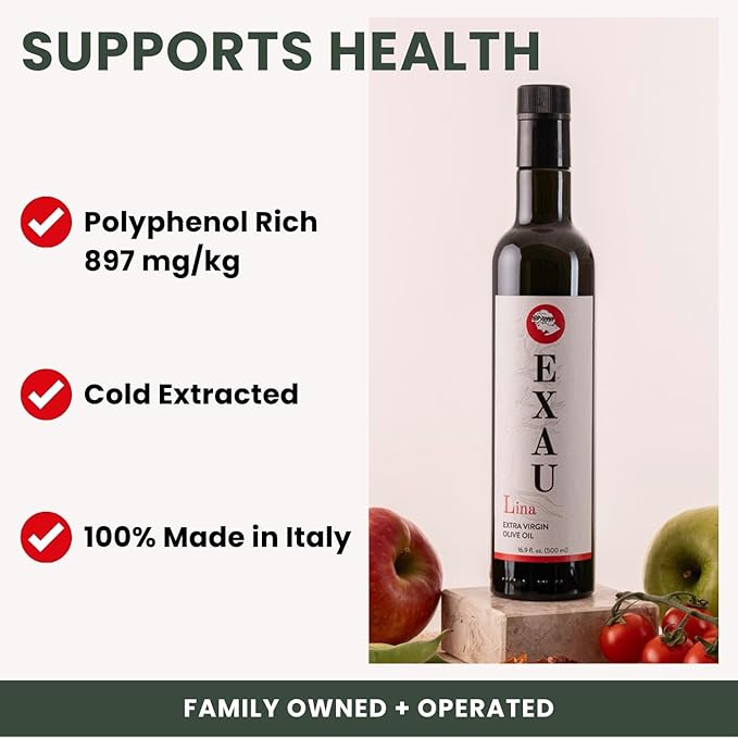 EXAU Extra Virgin Olive Oil - Lina, 897 mg/kg Polyphenol Rich Olive Oil, Cold Extracted Premium Italian EVOO Made in Italy, Use for Drinking Cooking and Finishing, 16.9 fl oz (500ml)