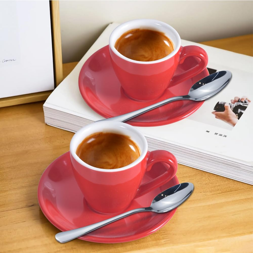 Porcelain Espresso Cup with Saucer And Stainless Steel mini Spoons, Espresso shot Cup, 80ml/2.7Oz, Pack of 2, Red