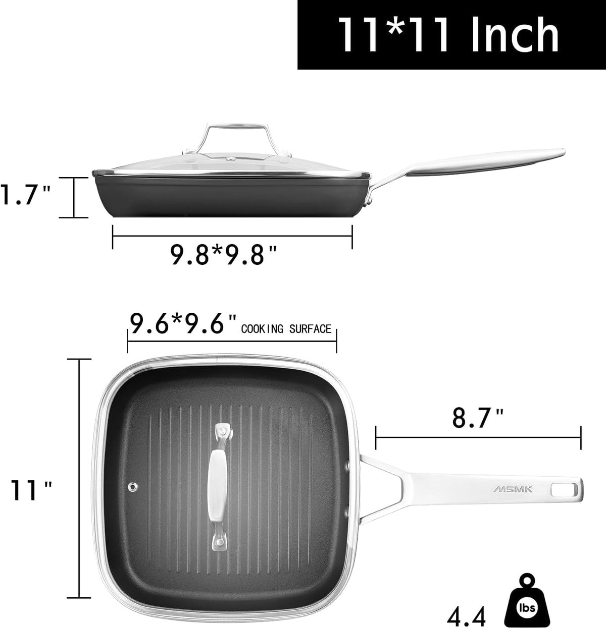 MsMk 11 Inch Nonstick Square Grill Pan with lid, Induction Bacon Pan