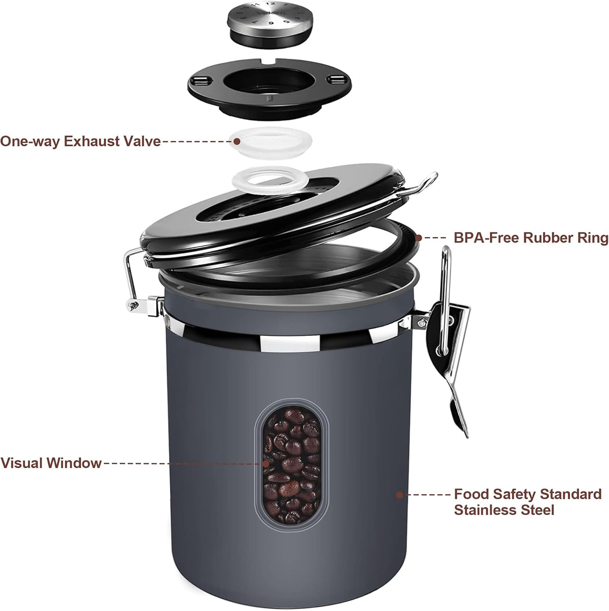 1800ML Airtight Coffee Canister with Date Tracker&Transparent Window, 22.8OZ Coffee Container with 30ML Measure Spoon&4 co2 Valve, Coffee Bean Storage Container for Grounds Coffee, Beans, Tea(Gray)