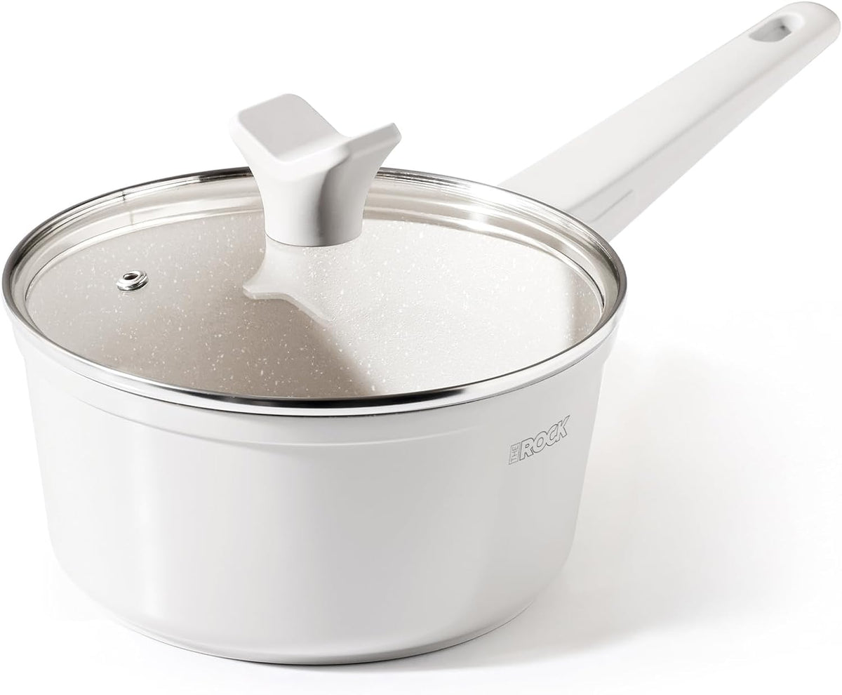 THE ROCK SOHO Ceramic Nonstick Saucepan with Lid, 2 Quarts Non Toxic Small Pot with PPG Fusion Pro Coating–Nothing Sticks, Never Warps, Lasts Longer, Induction Compatible, PTFE, PFOA&PFAS Free, Cream