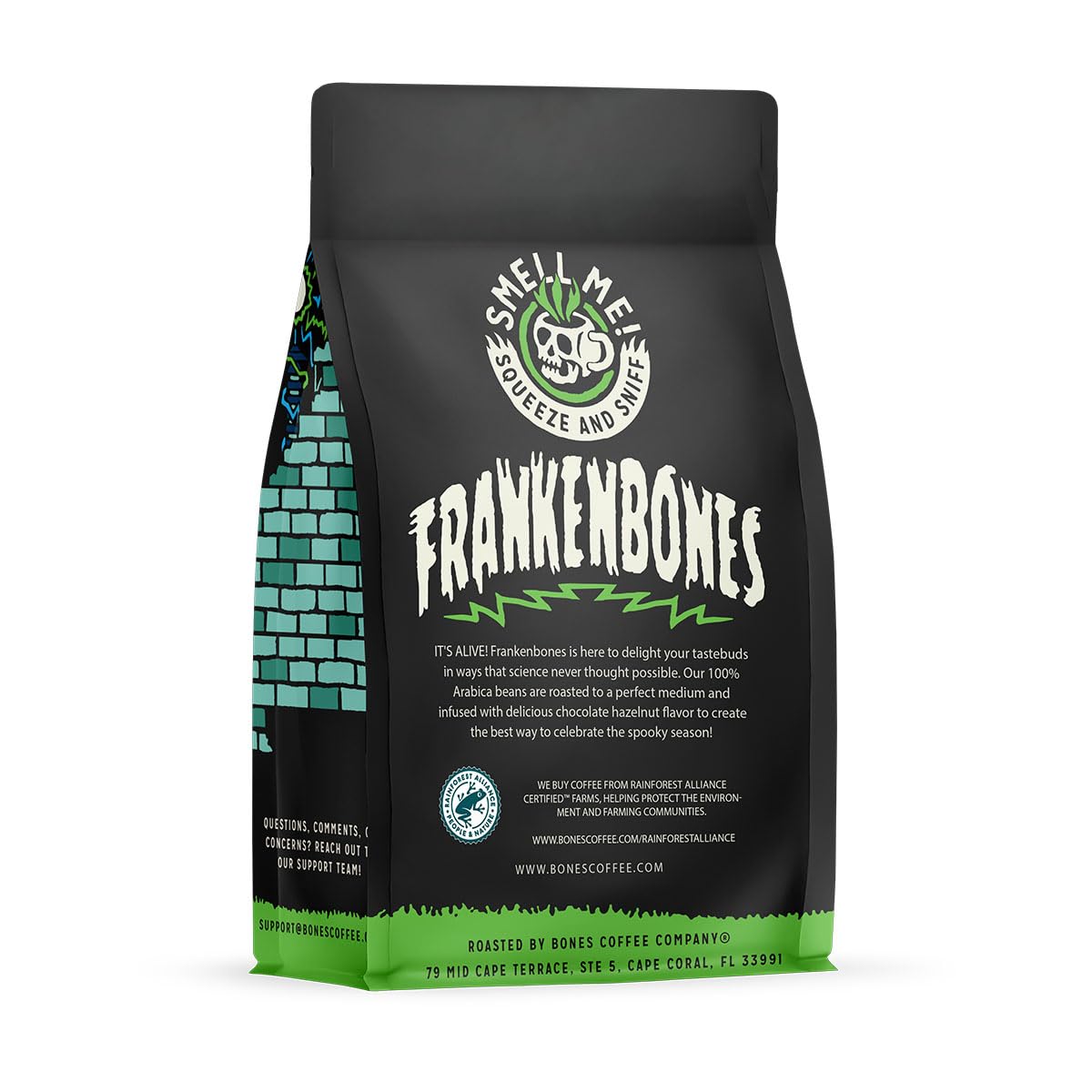 Bones Coffee Company Frankenbones Chocolate and Hazelnut Flavored Coffee, Medium Roast Low Acid Arabica Beans Compatible with Auto drip and French Press Coffee Maker, 12 Oz Ground