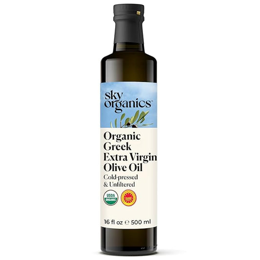 Sky Organics - Organic Extra Virgin Olive Oil, 16 fl oz - Cold Pressed & Unfiltered - Bright, Fresh, Authentic Flavor - Sourced from Farmers in Greece - 100% Pure - Kosher - Natural, Vegan, & Soy Free