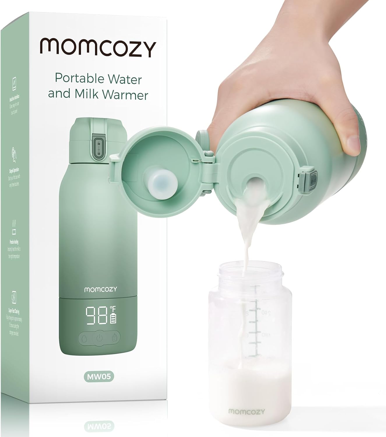 Momcozy Portable Bottle Warmer for Breast Milk, Baby Travel Essentials | Fast Heating with Nutrients Preserved, Precise Temp Control, Dual Heating Modes for Breast Milk &amp; Water, 17OZ Large Capacity