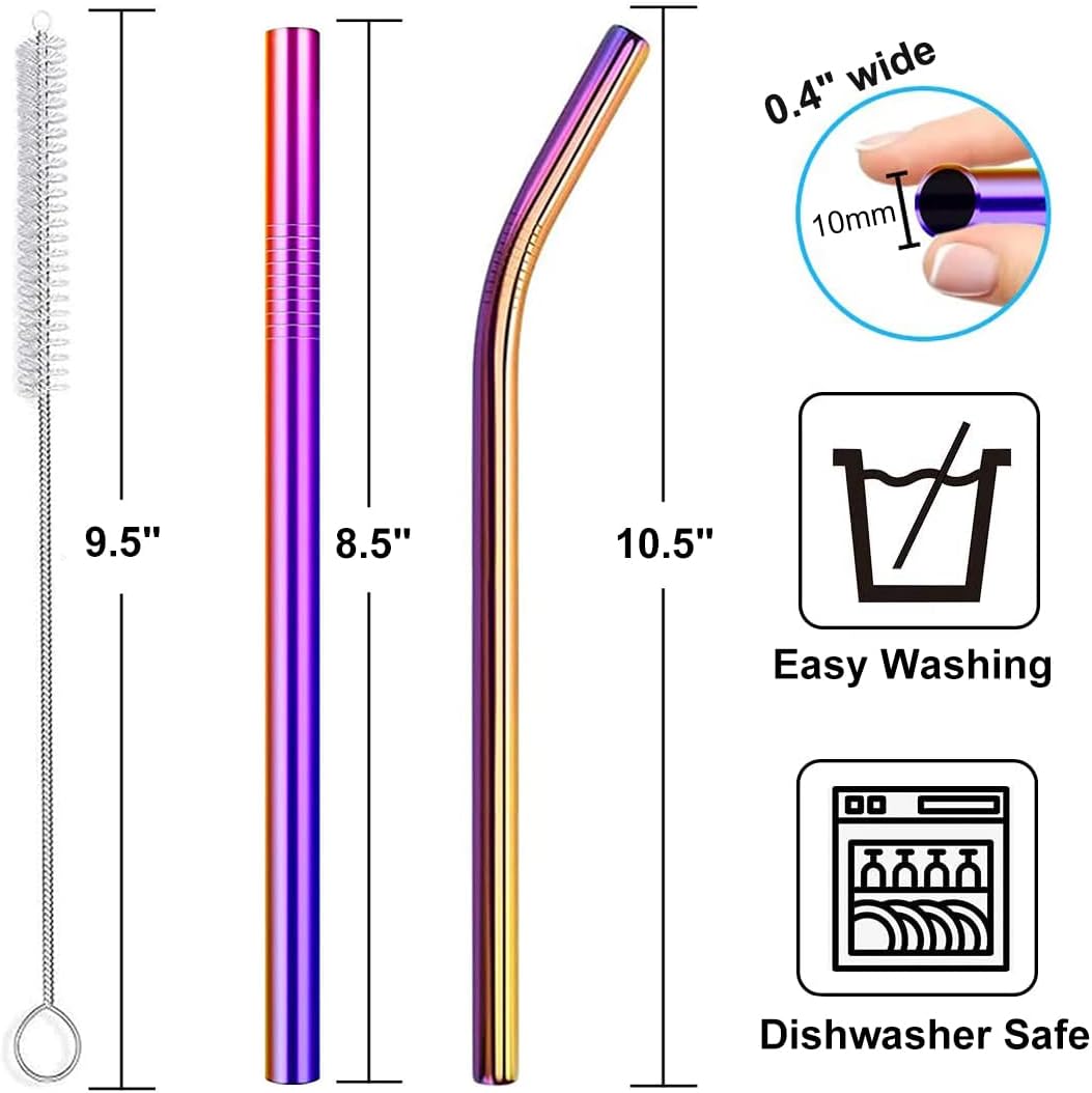 Vinaco 4 Pcs Rainbow 0.4" Wide Bore Reusable Stainless Steel Smoothie Straw