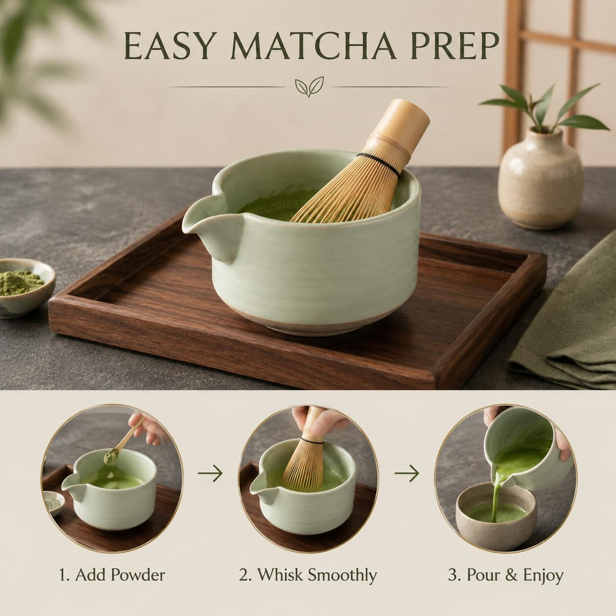 Matcha Traditional Porcelain Tea Bowl with Pour Spout - Hand Made Porcelain with Light Green Matte Glaze - Perfectly Whisked Matcha Green Tea, 430ml/ 14.5oz