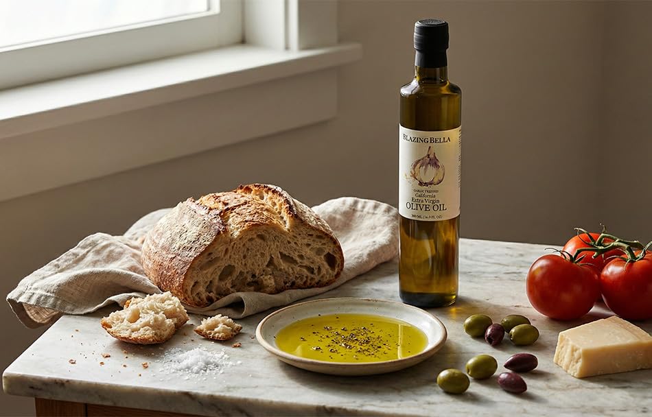 Blazing Bella Garlic Infused Extra Virgin Olive Oil - Rich Fresh Garlic Flavor, Cold Pressed California Olive Oil, Perfect for Pasta, Vegetables, Bread, and Everyday Cooking - 16.9 fl oz (500ml)
