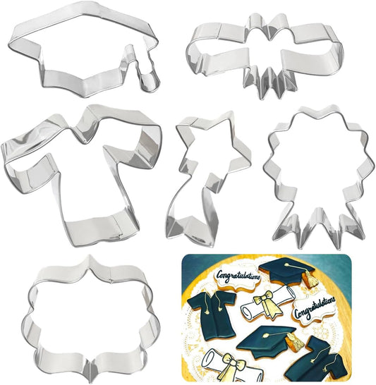 Graduation Cookie Cutters 6Pcs, Cap Gown Diploma Frame Medallion Shapes Cookie Cutter Mold, 304 Stainless Steel Biscuit